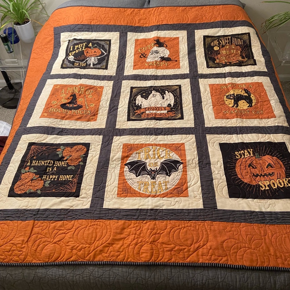 Home Sweet Haunt Quilt, 65”x65”, cotton fabric, cotton/scrim batting, handmade